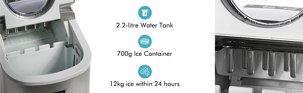 Portable Ice Cube Maker – 2.2L Tank, 12kg/24H Output, Two Ice Sizes, Eco-Friendly Refrigerant, Silent Operation - COOLBABY
