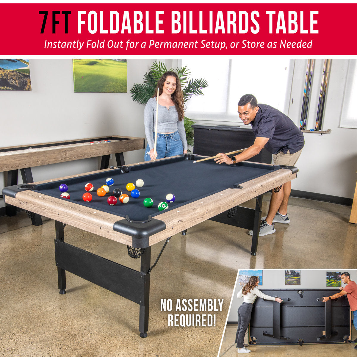 7ft Portable Pool Table - No Assembly Required Folding Billiard Table in Oak