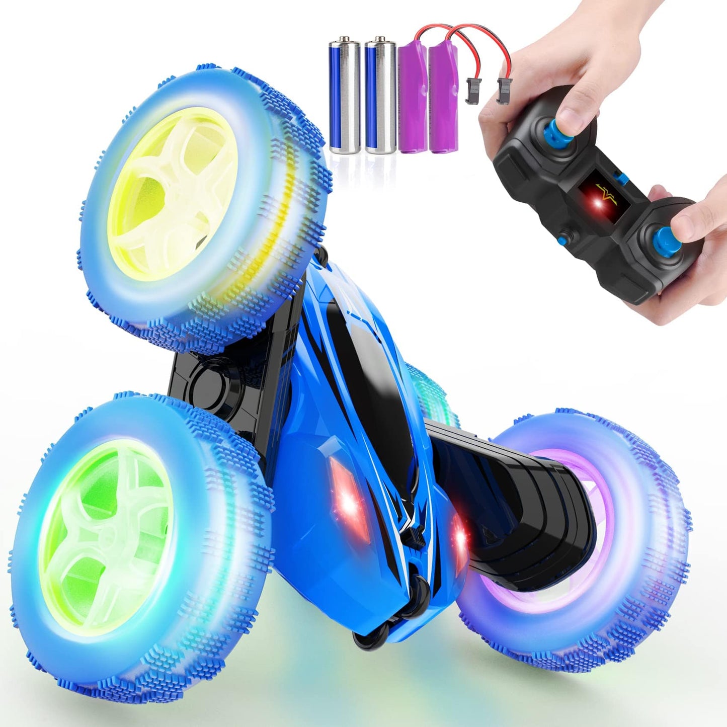 COOLBABY Remote Control Car, RC Cars 2.4GHz Fast Stunt RC Car, 4WD Double Sided 360° Rotating RC Trucks with Headlights, Off Road RC Crawler Toy Cars for Kids Boys Girls (Blue) - COOL BABY