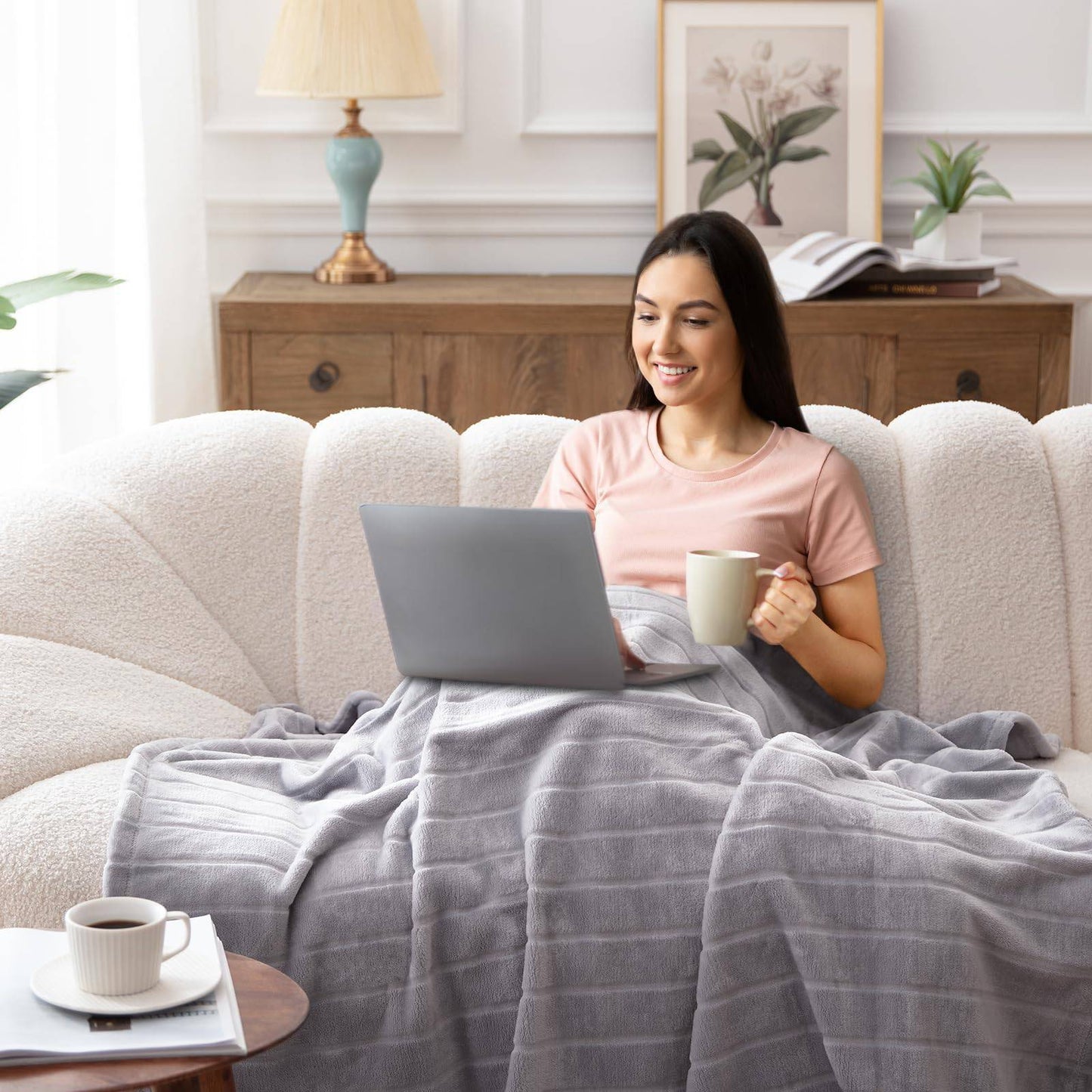 COOLBABY Plush Throw Blanket Super Soft Fuzzy Warm Blanket | 330 GSM Lightweight Fluffy Cozy Luxury Decorative Stripe Blanket for Bed Couch - 50"x 60", Smoke Grey - COOL BABY