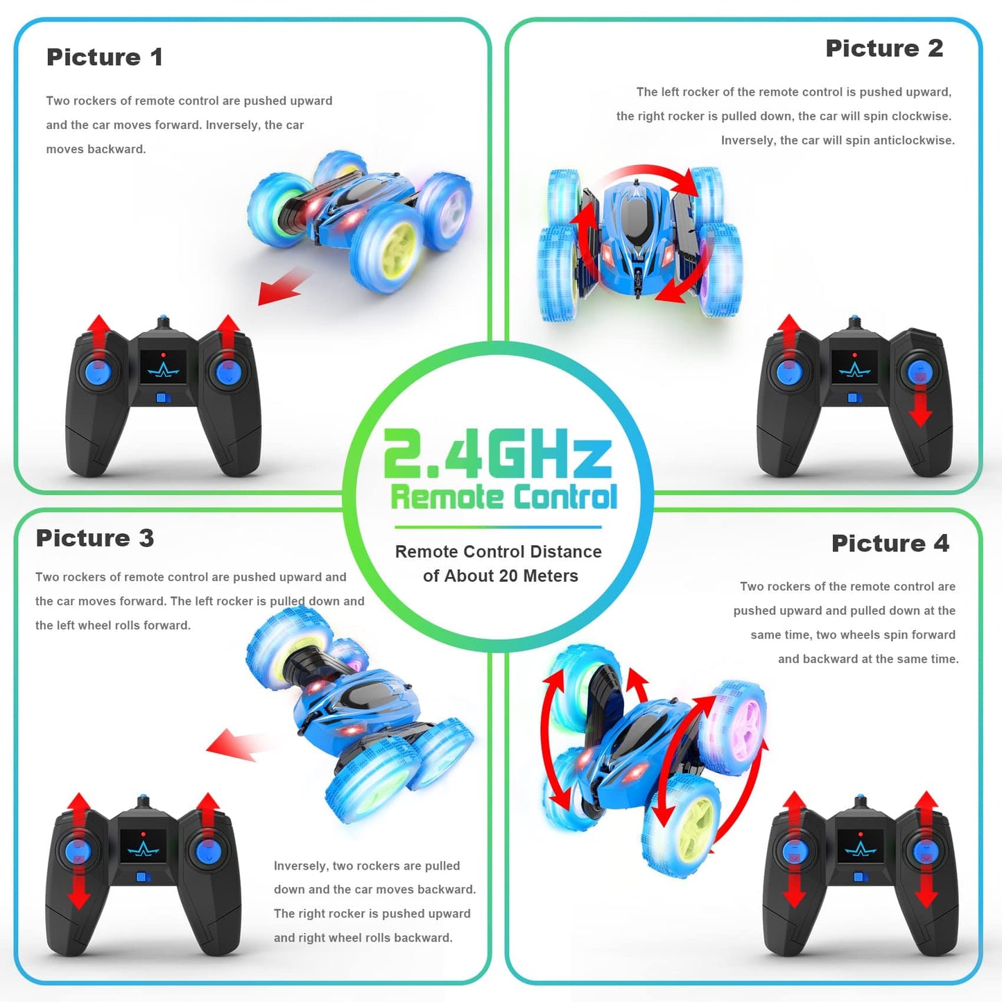 COOLBABY Remote Control Car, RC Cars 2.4GHz Fast Stunt RC Car, 4WD Double Sided 360° Rotating RC Trucks with Headlights, Off Road RC Crawler Toy Cars for Kids Boys Girls (Blue) - COOL BABY