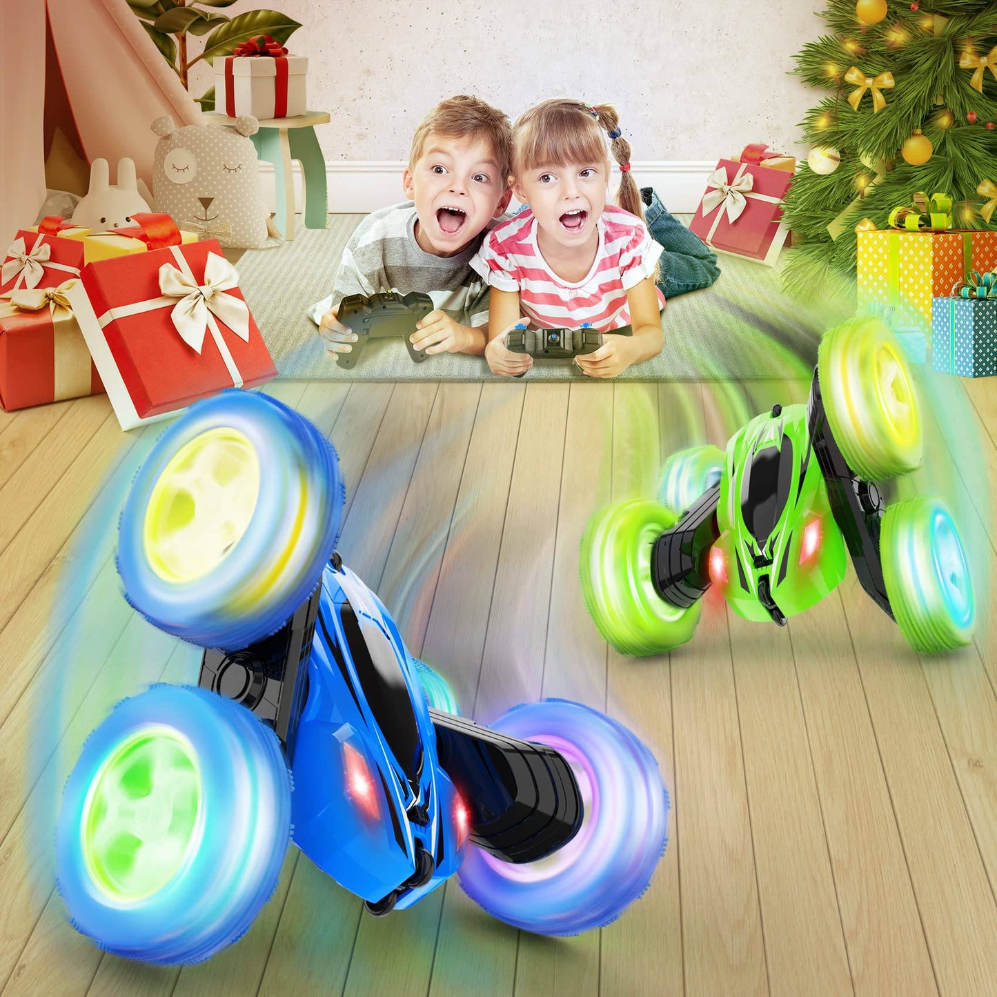 COOLBABY Remote Control Car, RC Cars 2.4GHz Fast Stunt RC Car, 4WD Double Sided 360° Rotating RC Trucks with Headlights, Off Road RC Crawler Toy Cars for Kids Boys Girls (Blue) - COOL BABY