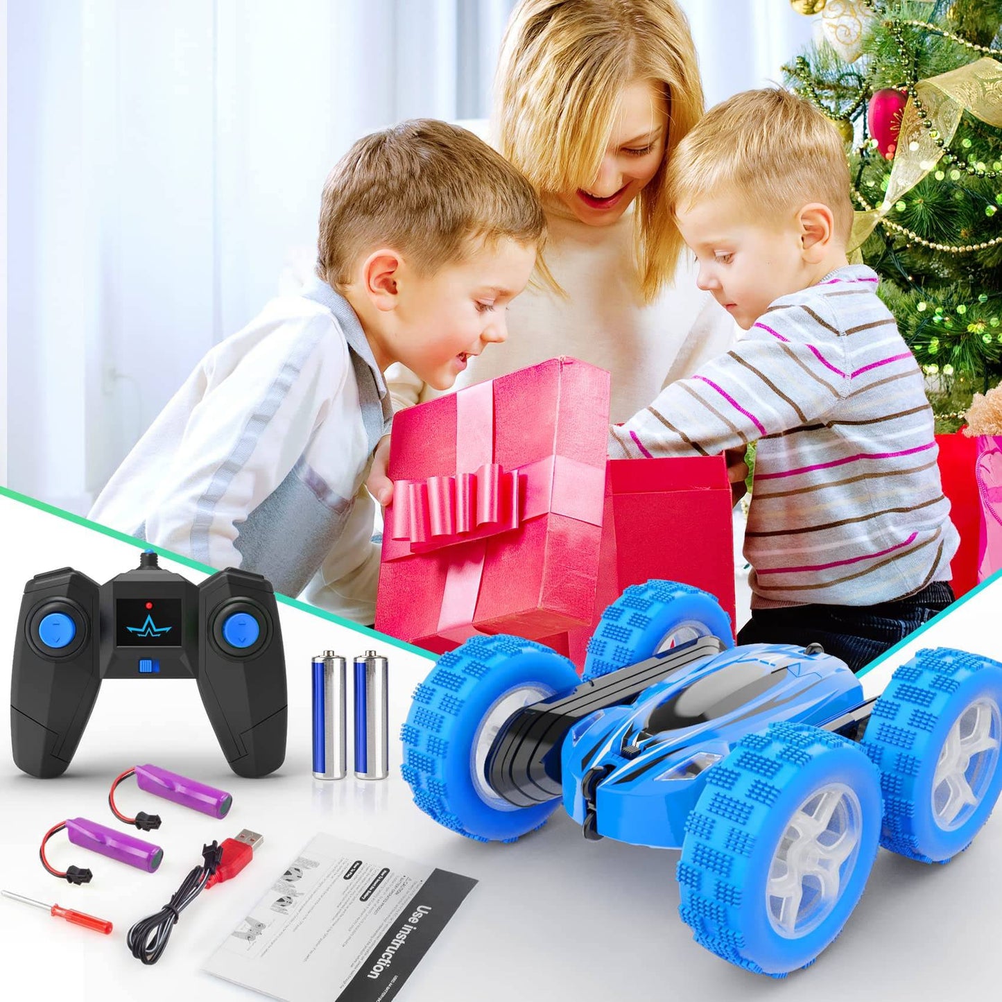 COOLBABY Remote Control Car, RC Cars 2.4GHz Fast Stunt RC Car, 4WD Double Sided 360° Rotating RC Trucks with Headlights, Off Road RC Crawler Toy Cars for Kids Boys Girls (Blue) - COOL BABY