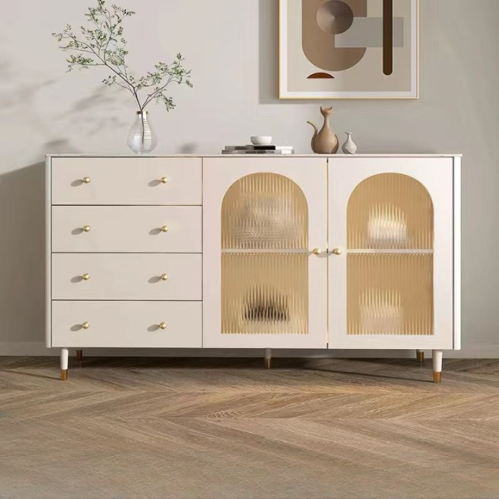 White Wood Buffet Sideboard with Glass Doors and Adjustable Shelves 140cm - COOLBABY