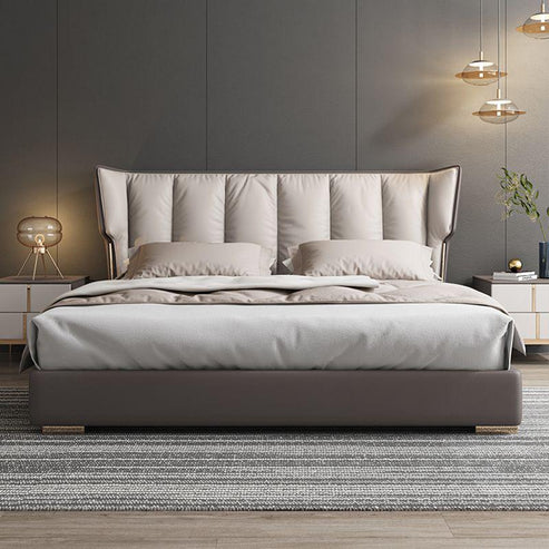 Modern Upholstered Platform Bed with Padded Wingback Headboard - Italian Style, Faux Leather - COOLBABY