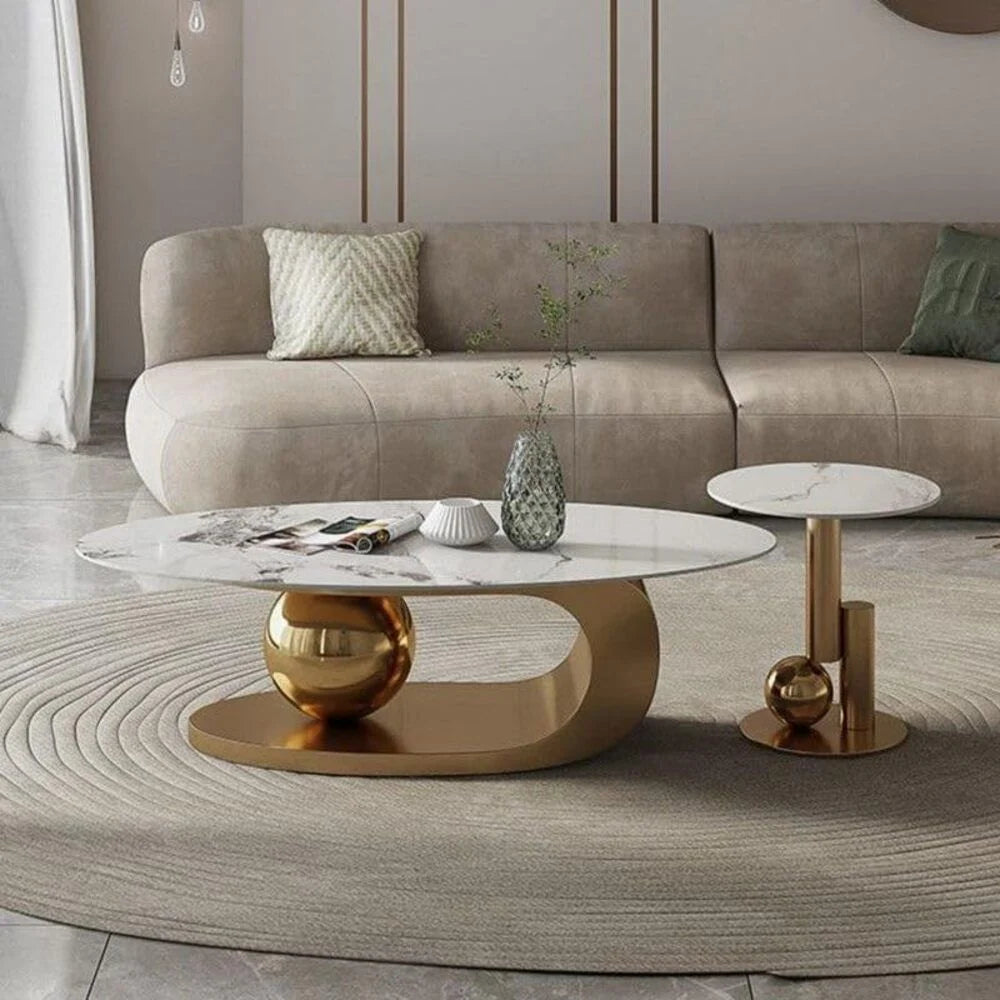 Set of Two Luxury European's Style Round Oval Coffee Table in Marble Top - 40H cm * 130L cm * 70D cm - Gold