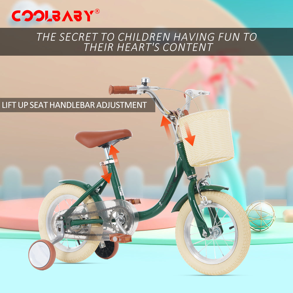 COOLBABY Princess children's bicycles for children aged 2-5 with adjustable height with storage baskets & auxiliary wheels - COOLBABY