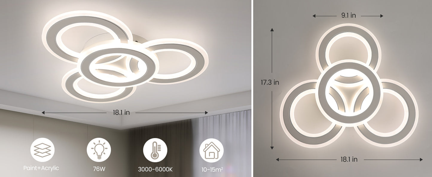 Modern LED Ceiling Light: White 3-Ring Flush Mount with 3-Color Dimming for Any Room - COOLBABY