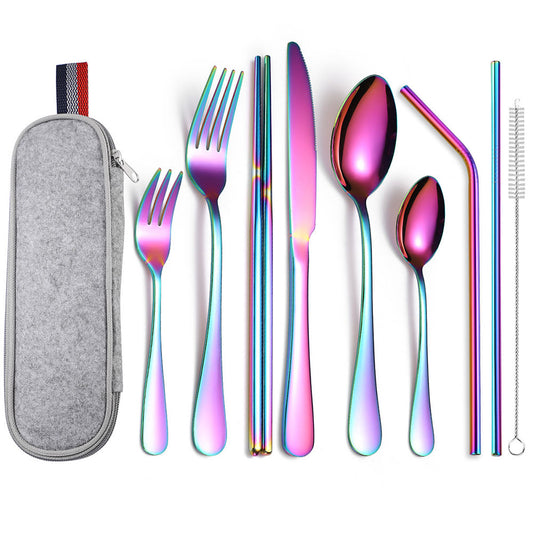 COOLBABY ZRW-CJTZ 9pcs Travel Reusable Utensils Silverware,Travel Camping Cutlery set,Chopsticks and Straw Flatware, Stainless steel Travel Utensil set - COOL BABY