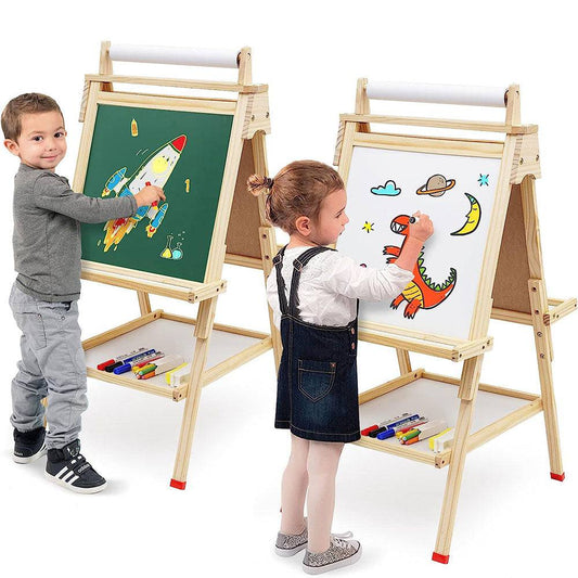 COOLBABY ZRW-ETHB Kids Easel Wooden Art Easel Adjustable Standing Easel Double-Sided Drawing Easel - COOL BABY