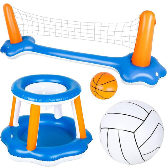 COOLBABY 4 Pieces Inflatable Volleyball Net & Basketball Hoops Pool Float Set with Inflatable Volleyball and Basketbal - COOL BABY