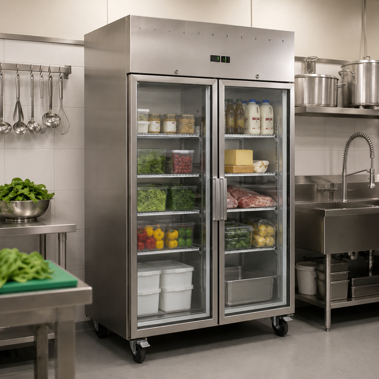 Upright Double Glass Door Freezer 1476L – Stainless Steel Commercial Display Freezer with Italian Technology