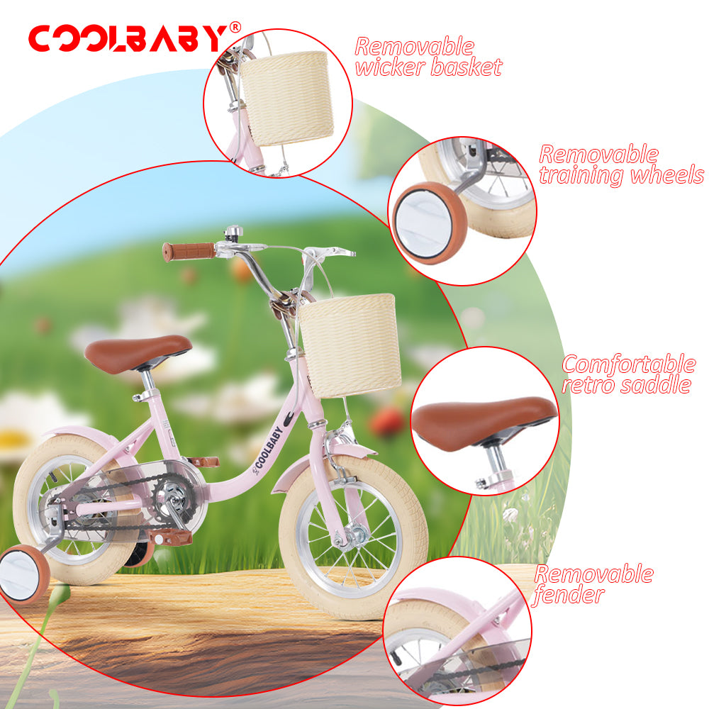 COOLBABY Princess children's bicycles for children aged 2-5 with adjustable height with storage baskets & auxiliary wheels - COOLBABY