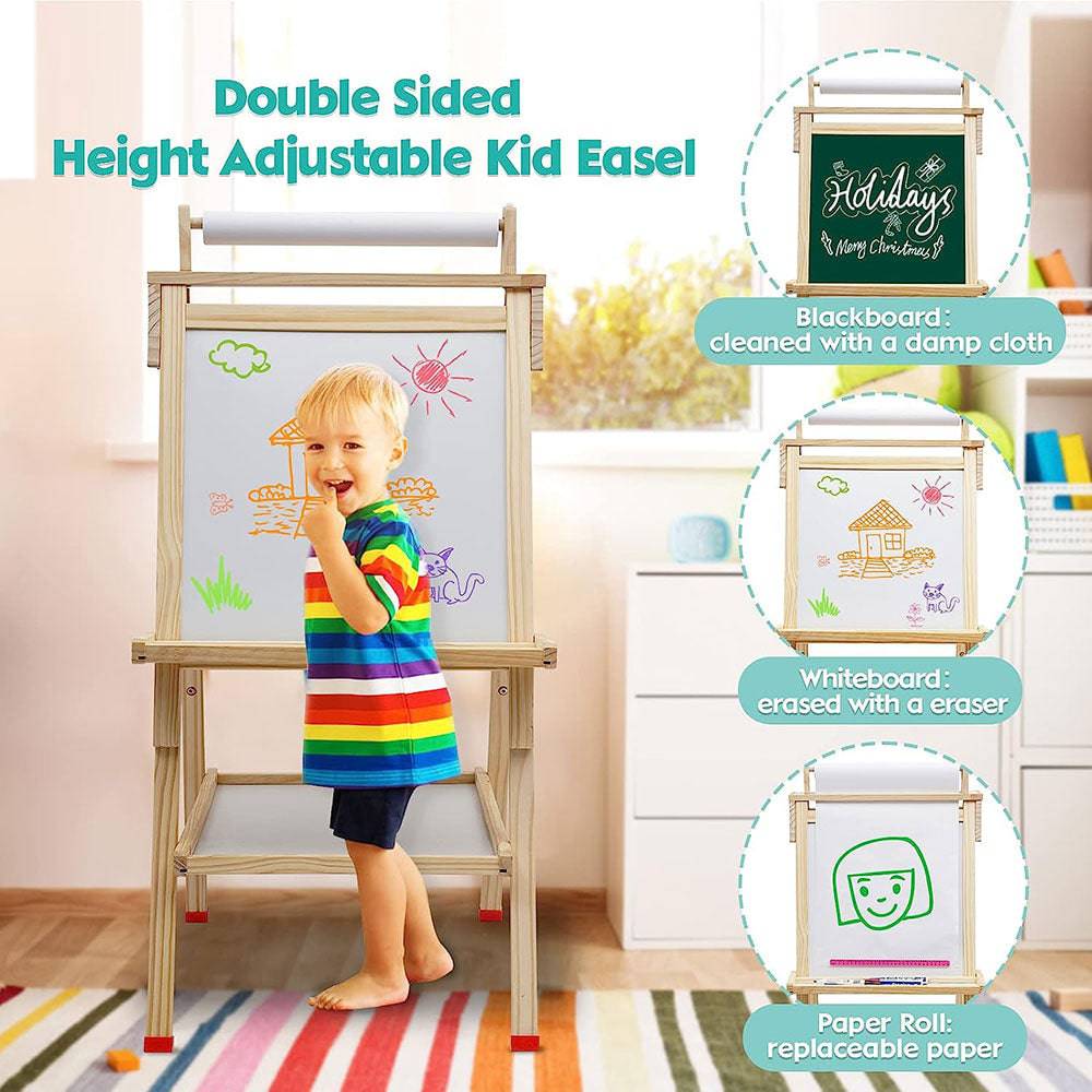 COOLBABY ZRW-ETHB Kids Easel Wooden Art Easel Adjustable Standing Easel Double-Sided Drawing Easel - COOL BABY