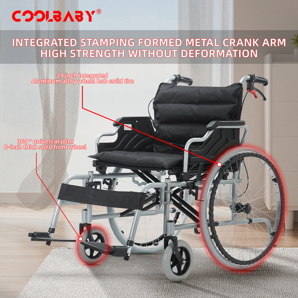 COOLBABY 56CM Wide Foldable Lightweight Wheelchair for Adult 300lbs Heavy-Duty Folding Transport Self-Propelled Wheel Chair with 24-Inch Seat