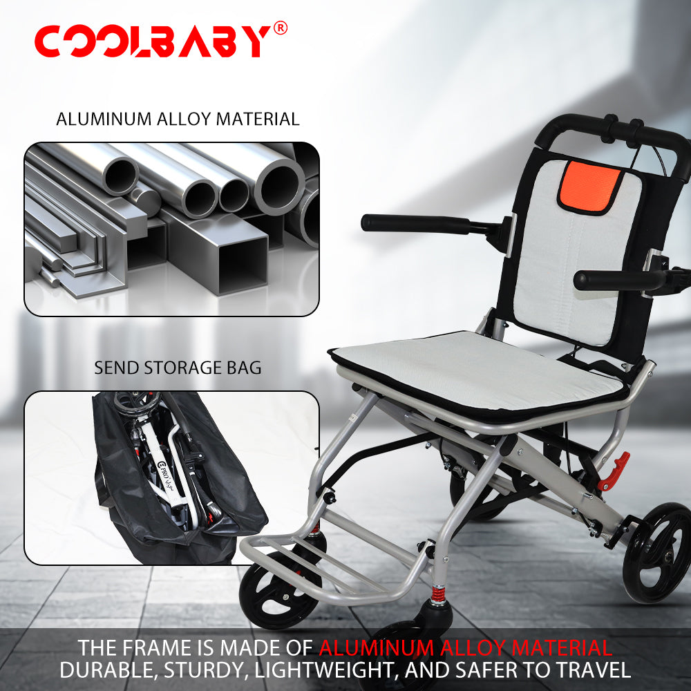 Aluminum wheelchairs for the elderly wheelchairs disabled portable foldable double support frame small hand push Super Lightweight (Only 19lbs）