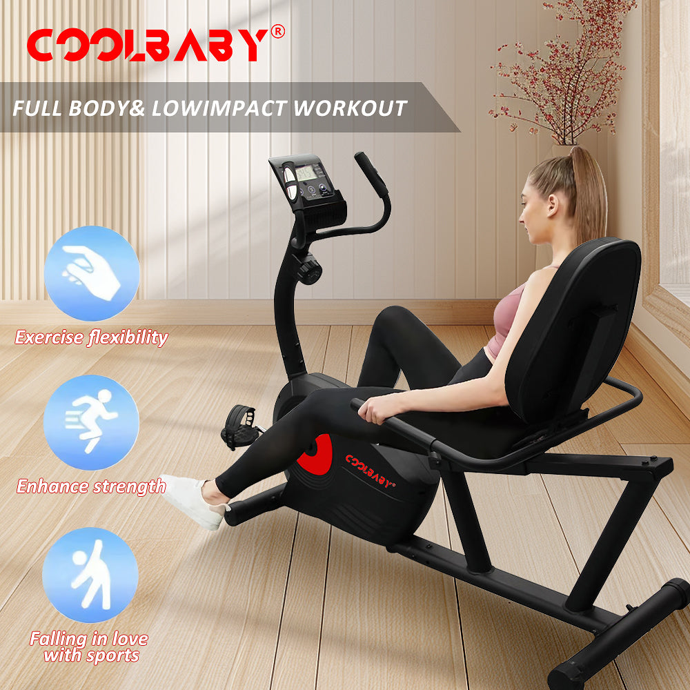 COOLBABY Exercise Bikes Stationary Indoor Recumbent Bikes with Backrest,Magnetic Stationary Bike,8 Levels Resistance,WQSJ-JSC04 - COOLBABY