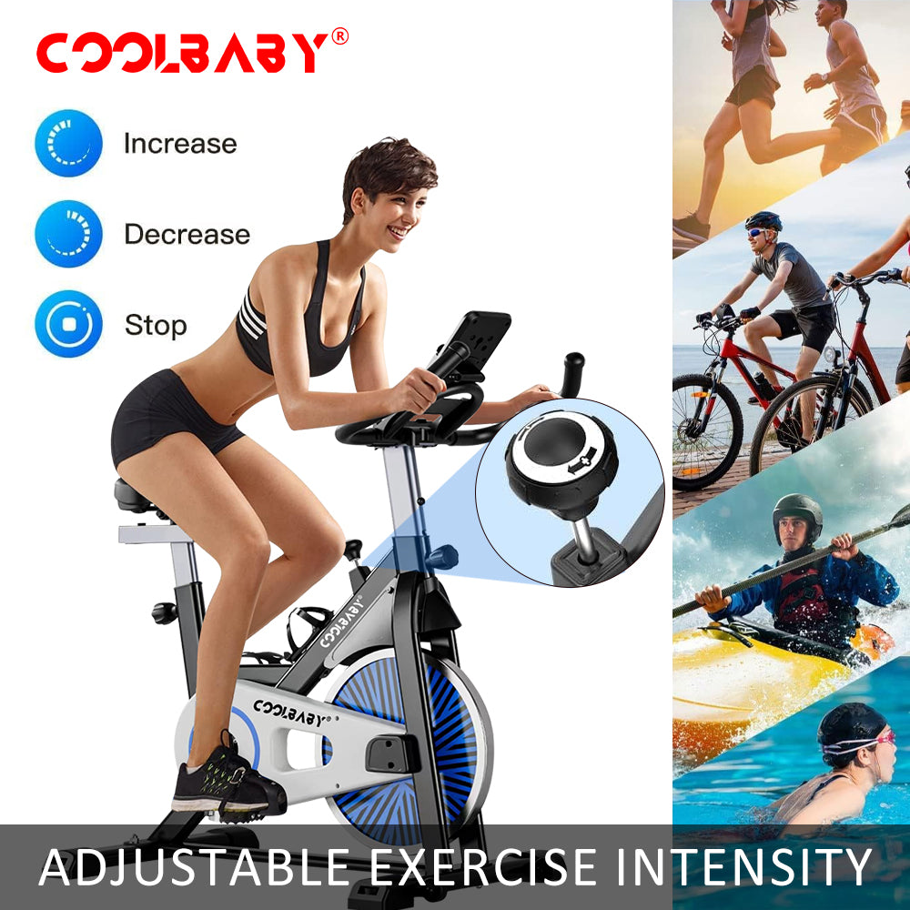 COOLBABY Exercise Bike Indoor Cycling Bike Stationary Cycle Bike with Heart Rate Sensor & Comfortable Seat Cushion, Quiet Fitness Bike - COOLBABY