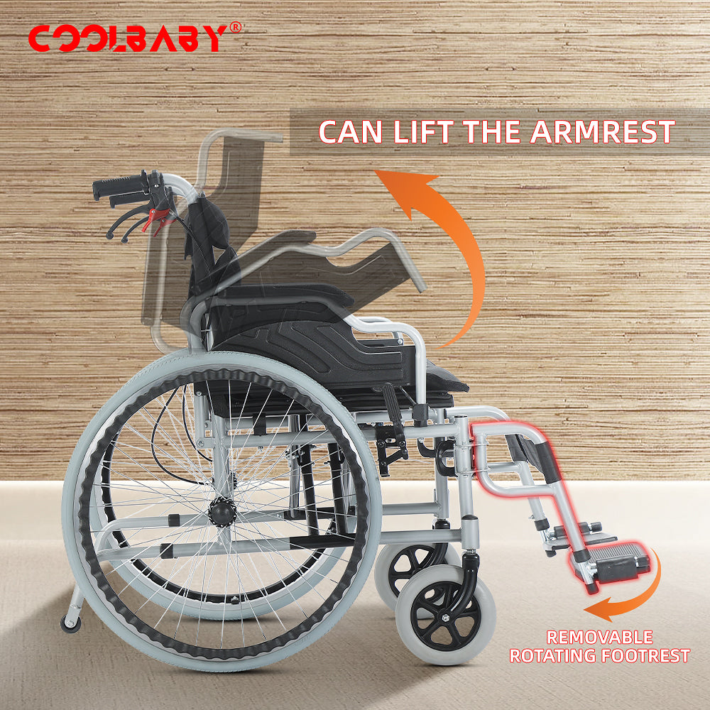 COOLBABY 56CM Wide Foldable Lightweight Wheelchair for Adult 300lbs Heavy-Duty Folding Transport Self-Propelled Wheel Chair with 24-Inch Seat