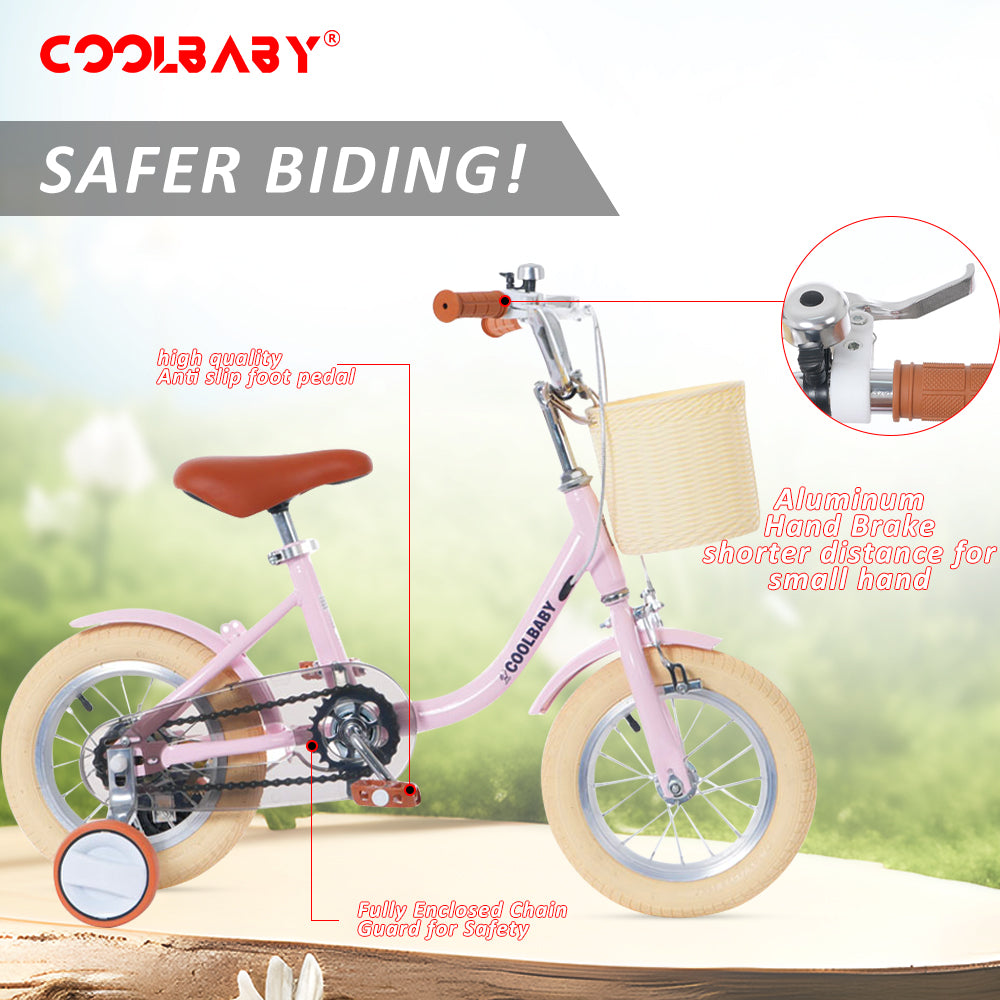 COOLBABY Princess children's bicycles for children aged 2-5 with adjustable height with storage baskets & auxiliary wheels - COOLBABY