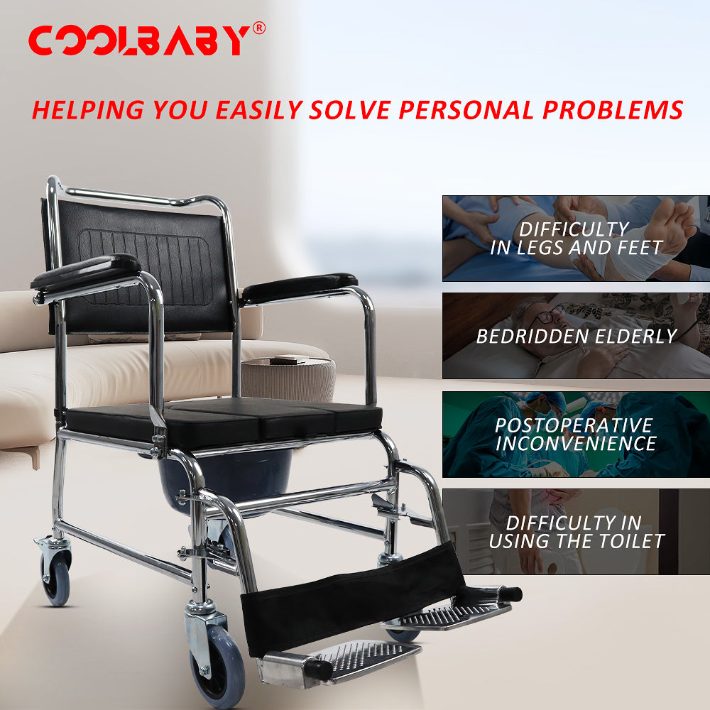 COOLBABY  SSZ1004  Bedside Toilet Chair 4-in-1 Shower Toilet Wheelchair Rolling Transport Chair The Armrest Can Be Lifted - COOLBABY