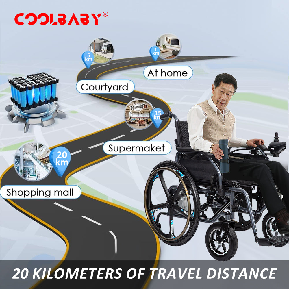 COOLBABY DDLY08 Portable folding electric wheelchair, 24inch magnesium alloy rear wheel, 360°Joystick Foldable Motorized Wheelchair - COOLBABY