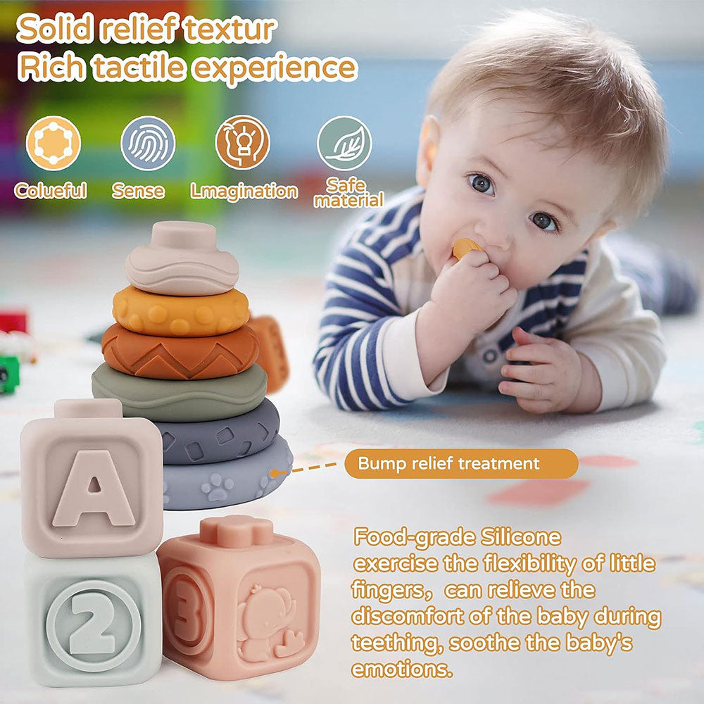 COOLBABY WQSJ-JM01 Toddlers Montessori Sensory Toys,Babies Chewing Squeeze Stacking Educational Numbers Animals Toy 13Pcs Set - COOL BABY