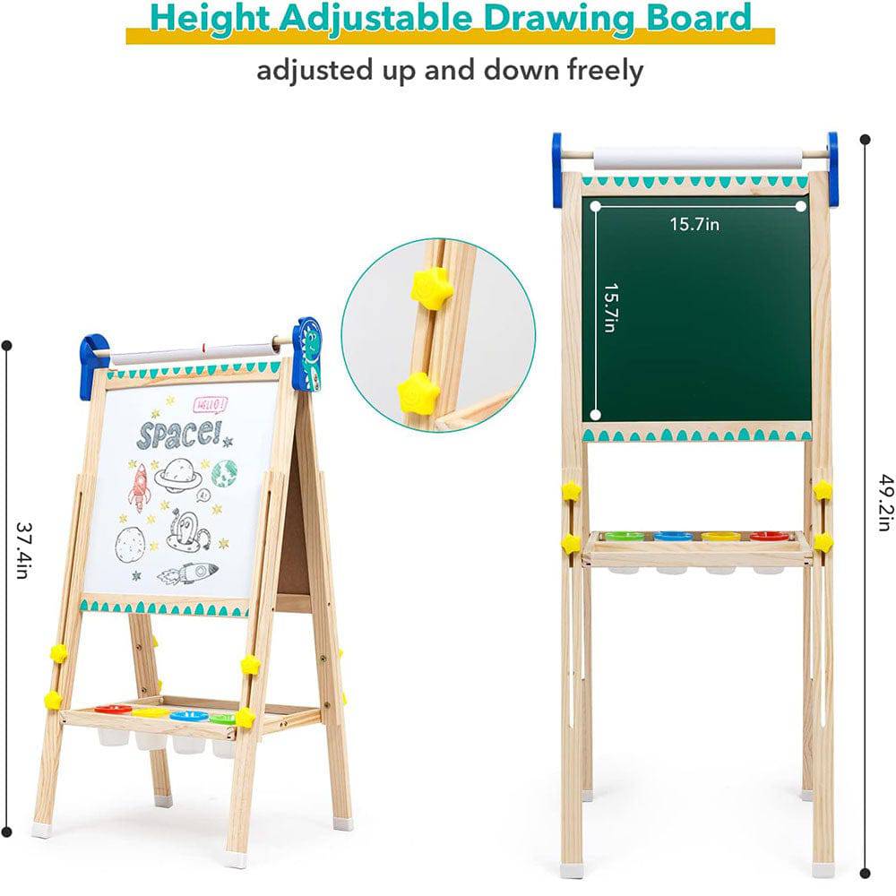 COOLBABY ZRW-ETHB Kids Easel Wooden Art Easel Adjustable Standing Easel Double-Sided Drawing Easel - COOL BABY