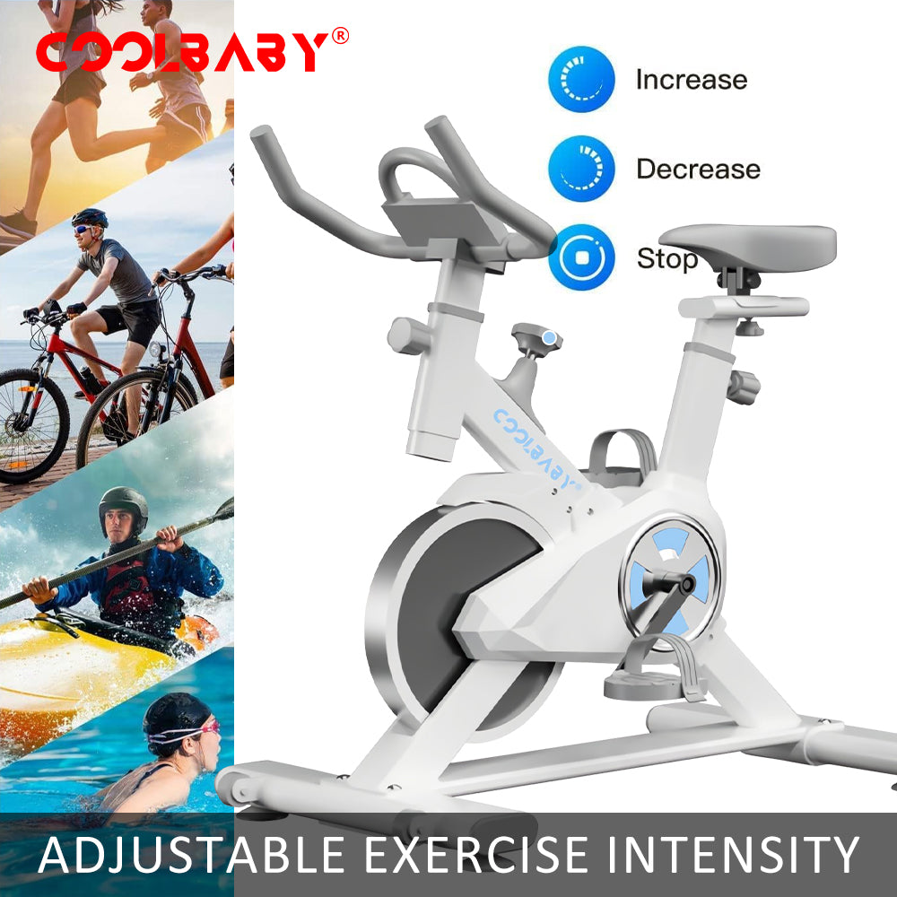 COOLBABY Indoor Cycling Bike, Silent Belt Drive Exercise Bike Stationary Bicycle with Steel Flywheel, Phone Holder, Handlebar, Heart Rate Monitor - COOLBABY