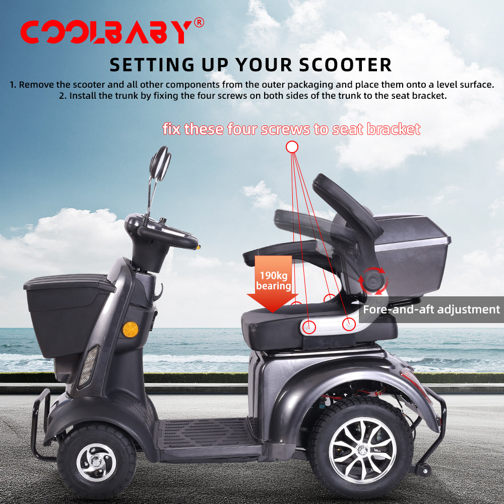 COOLBABY Heavy Duty 4-Wheels Mobility Scooter, 418 lb Capacity Large Wheelchair for Seniors, Adults, Magnetic Brake, No Assemble Required