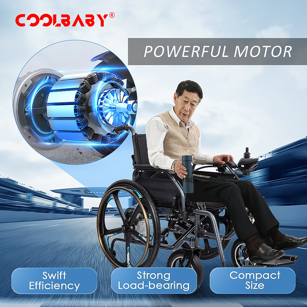 COOLBABY DDLY08 Portable folding electric wheelchair, 24inch magnesium alloy rear wheel, 360°Joystick Foldable Motorized Wheelchair - COOLBABY