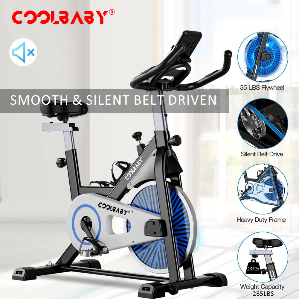 COOLBABY Exercise Bike Indoor Cycling Bike Stationary Cycle Bike with Heart Rate Sensor & Comfortable Seat Cushion, Quiet Fitness Bike - COOLBABY