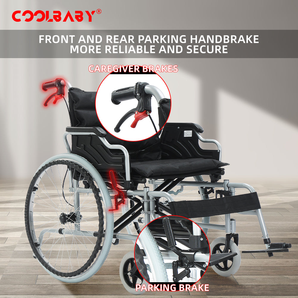 COOLBABY 56CM Wide Foldable Lightweight Wheelchair for Adult 300lbs Heavy-Duty Folding Transport Self-Propelled Wheel Chair with 24-Inch Seat