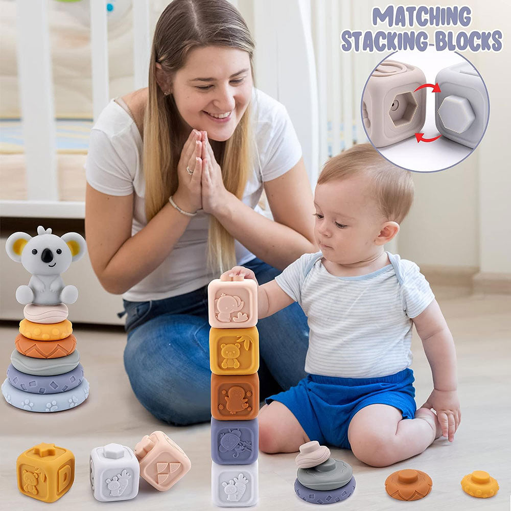 COOLBABY WQSJ-JM01 Toddlers Montessori Sensory Toys,Babies Chewing Squeeze Stacking Educational Numbers Animals Toy 13Pcs Set - COOL BABY