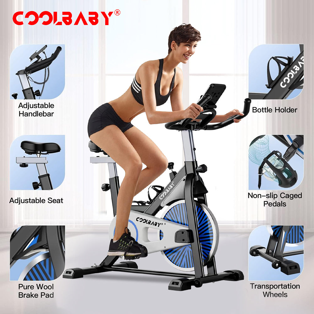 COOLBABY Exercise Bike Indoor Cycling Bike Stationary Cycle Bike with Heart Rate Sensor & Comfortable Seat Cushion, Quiet Fitness Bike - COOLBABY