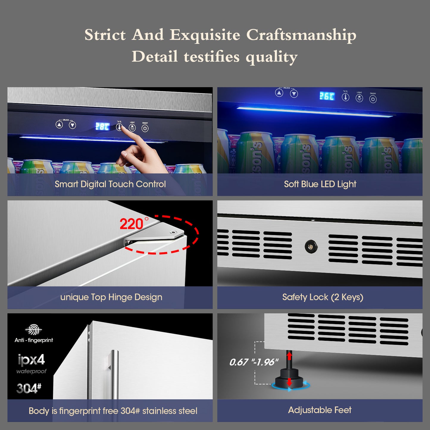Beverage Cabinet, Wine Refrigerator, Built-in Under the Counter, Stainless Steel Cooler