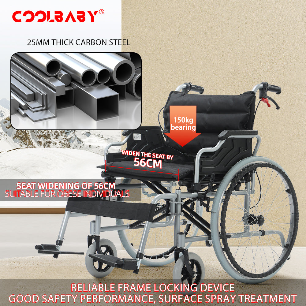 COOLBABY 56CM Wide Foldable Lightweight Wheelchair for Adult 300lbs Heavy-Duty Folding Transport Self-Propelled Wheel Chair with 24-Inch Seat