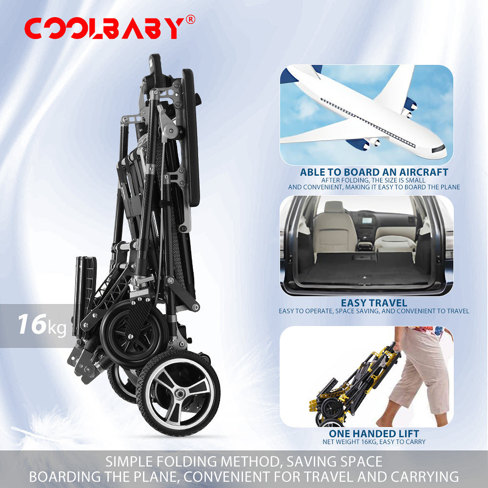 COOLBABY Super Lightweight (Only 16kg) Portable Transit Travel Wheelchair, Folding Transport Wheelchairs for Adults and Seniors - COOLBABY