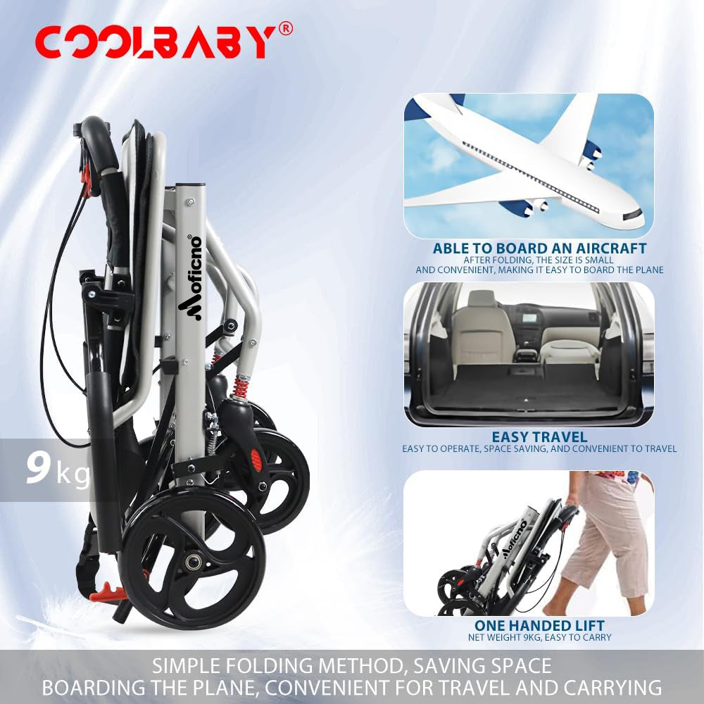 Aluminum wheelchairs for the elderly wheelchairs disabled portable foldable double support frame small hand push Super Lightweight (Only 19lbs） - COOLBABY