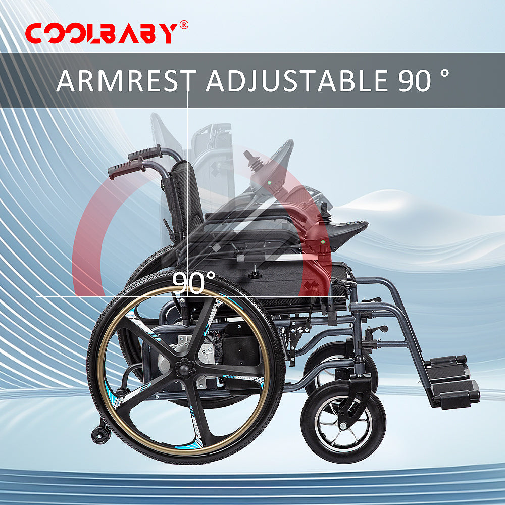 COOLBABY DDLY08 Portable folding electric wheelchair, 24inch magnesium alloy rear wheel, 360°Joystick Foldable Motorized Wheelchair - COOLBABY