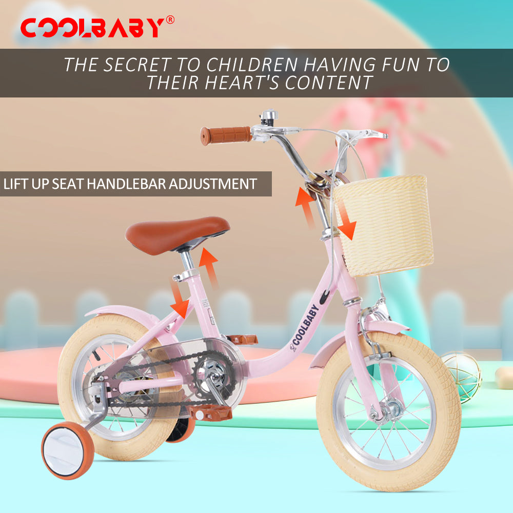 COOLBABY Princess children's bicycles for children aged 2-5 with adjustable height with storage baskets & auxiliary wheels - COOLBABY