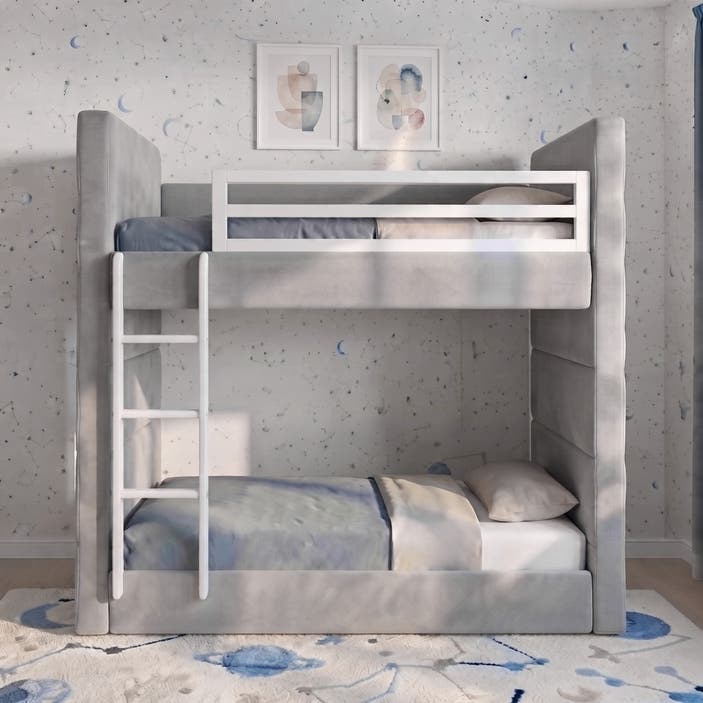 Grey Bunk Bed 90x190 cm for Kids & Teens – Space-Saving Wooden Bed with Safety Rails and Ladder - COOLBABY