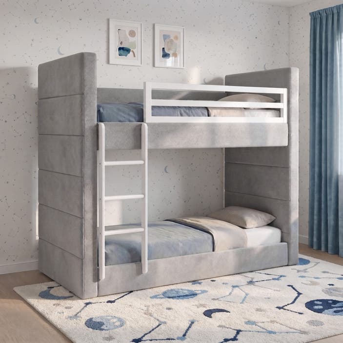 Grey Bunk Bed 90x190 cm for Kids & Teens – Space-Saving Wooden Bed with Safety Rails and Ladder - COOLBABY