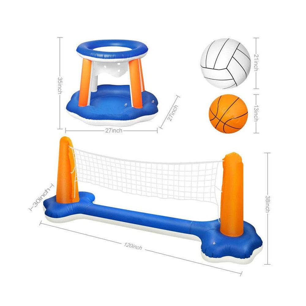 COOLBABY 4 Pieces Inflatable Volleyball Net & Basketball Hoops Pool Float Set with Inflatable Volleyball and Basketbal - COOL BABY