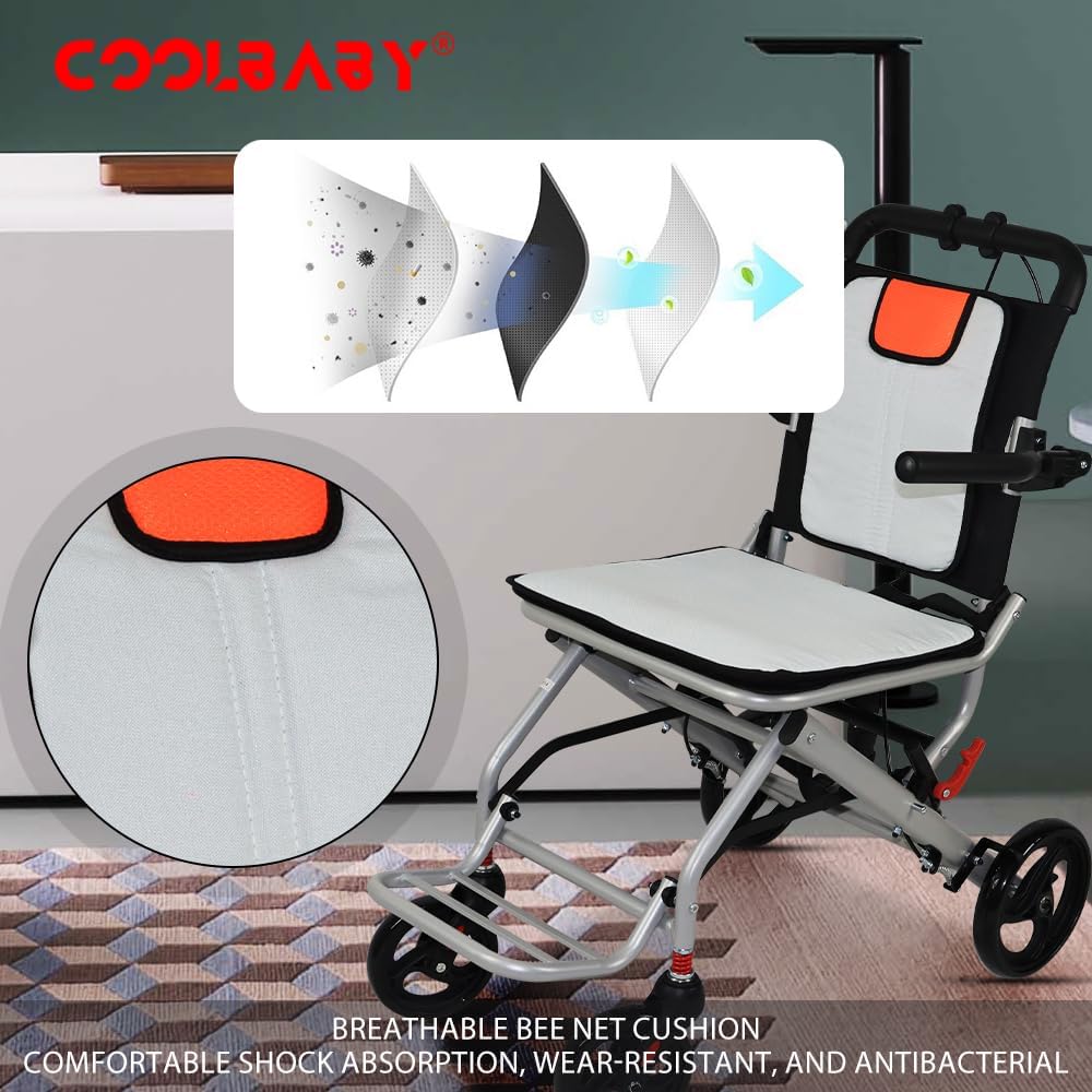 Aluminum wheelchairs for the elderly wheelchairs disabled portable foldable double support frame small hand push Super Lightweight (Only 19lbs） - COOLBABY
