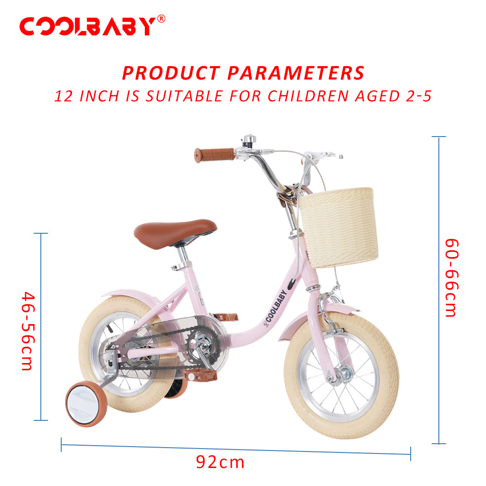 COOLBABY Princess children's bicycles for children aged 2-5 with adjustable height with storage baskets & auxiliary wheels - COOLBABY