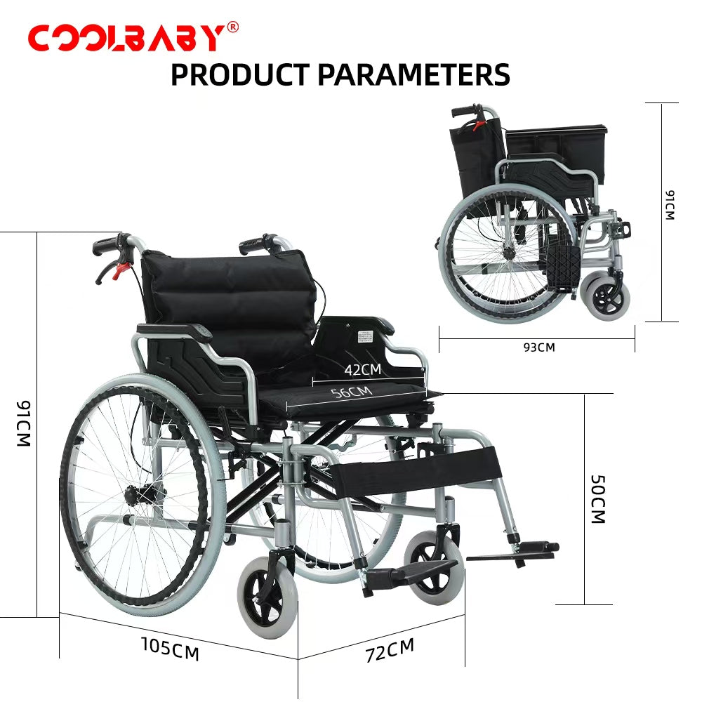 COOLBABY 56CM Wide Foldable Lightweight Wheelchair for Adult 300lbs Heavy-Duty Folding Transport Self-Propelled Wheel Chair with 24-Inch Seat