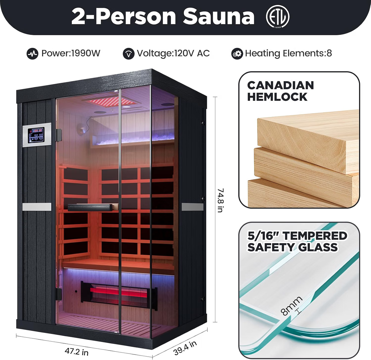 2-Person Full Spectrum Sauna Himalayan Salt Far Infrared Dual LED Controls