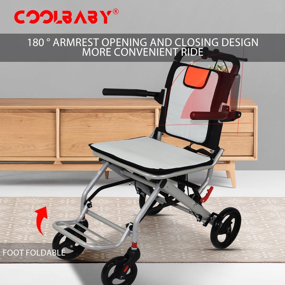 Aluminum wheelchairs for the elderly wheelchairs disabled portable foldable double support frame small hand push Super Lightweight (Only 19lbs） - COOLBABY