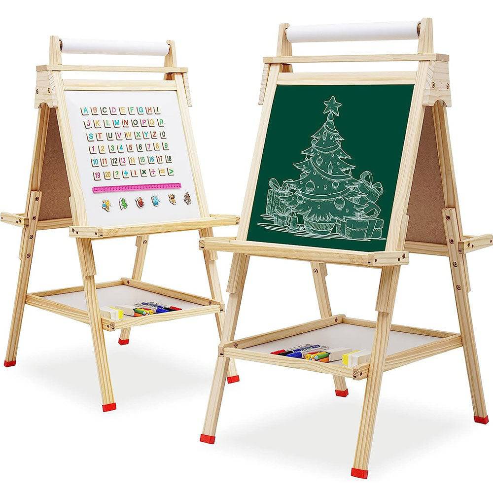 COOLBABY ZRW-ETHB Kids Easel Wooden Art Easel Adjustable Standing Easel Double-Sided Drawing Easel - COOL BABY